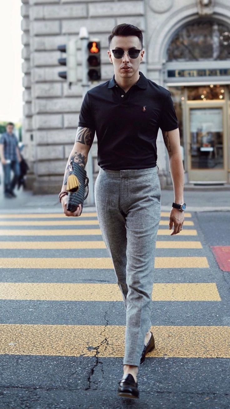 Black Polo Shirt with Grey Linen Pants and Black Loafers